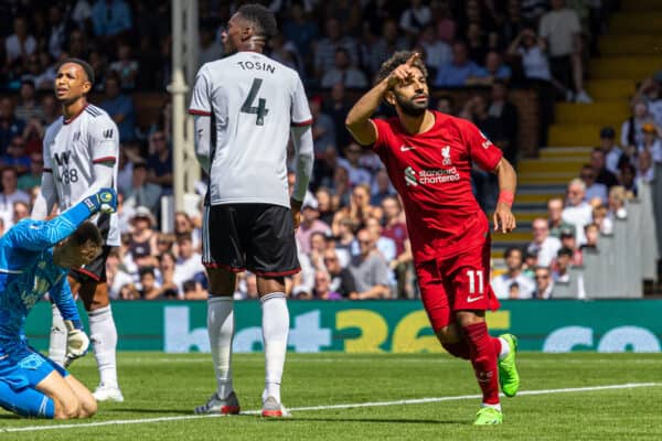 LONDON, ENGLAND - Saturday, August 6, 2022: Liverpool's Mohamed Salah celebrates after scoring his side's second equalising goal during the FA Premier League match between Fulham FC and Liverpool FC at Craven Cottage. (Pic by David Rawcliffe/Propaganda)