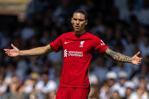 LONDON, ENGLAND - Saturday, August 6, 2022: Liverpool's Darwin Núñez during the FA Premier League match between Fulham FC and Liverpool FC at Craven Cottage. (Pic by David Rawcliffe/Propaganda)