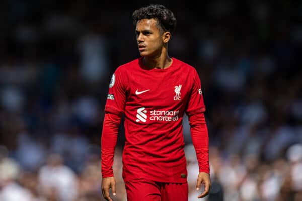 LONDON, ENGLAND - Saturday, August 6, 2022: Liverpool's Fábio Carvalho during the FA Premier League match between Fulham FC and Liverpool FC at Craven Cottage. (Pic by David Rawcliffe/Propaganda)