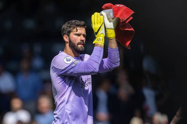 LONDON, ENGLAND - Saturday, August 6, 2022: Liverpool's goalkeeper Alisson Becker applauds the supporters after the FA Premier League match between Fulham FC and Liverpool FC at Craven Cottage. The game ended in a 2-2 draw. (Pic by David Rawcliffe/Propaganda)