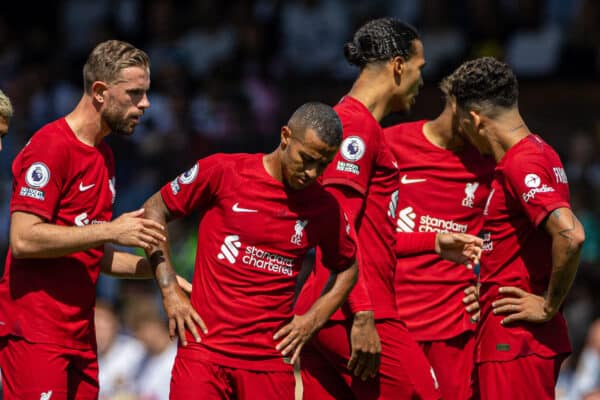 LONDON, ENGLAND - Saturday, August 6, 2022: Liverpool's Thiago Alcântara (C) is consoled by team-mates after sustaining a hamstring injury during the FA Premier League match between Fulham FC and Liverpool FC at Craven Cottage. (Pic by David Rawcliffe/Propaganda)