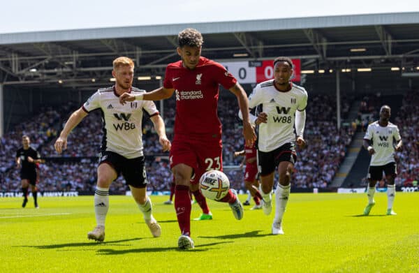 LONDON, ENGLAND - Saturday, August 6, 2022: Liverpool's Luis Díaz during the FA Premier League match between Fulham FC and Liverpool FC at Craven Cottage. (Pic by David Rawcliffe/Propaganda)