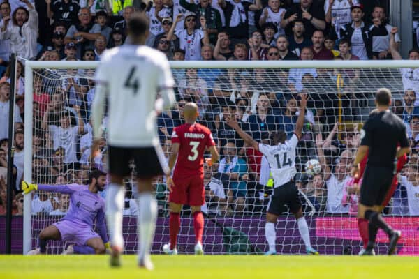 LONDON, ENGLAND - Saturday, August 6, 2022: Liverpool's goalkeeper Alisson Becker is beaten as Fulham score the opening goal during the FA Premier League match between Fulham FC and Liverpool FC at Craven Cottage. (Pic by David Rawcliffe/Propaganda)