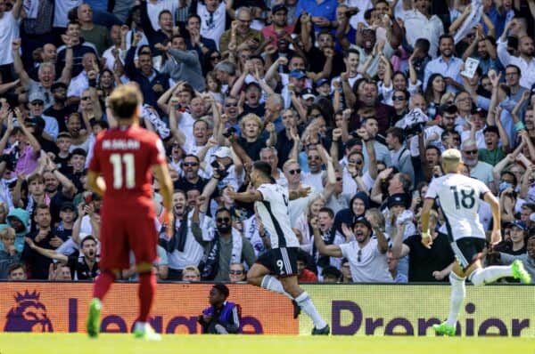 LONDON, ENGLAND - Saturday, August 6, 2022: Fulham's Aleksandar Mitrovi? celebrates after scoring the first goal during the FA Premier League match between Fulham FC and Liverpool FC at Craven Cottage. (Pic by David Rawcliffe/Propaganda)