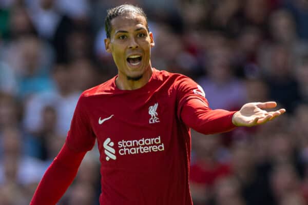 LONDON, ENGLAND - Saturday, August 6, 2022: Liverpool's Virgil van Dijk during the FA Premier League match between Fulham FC and Liverpool FC at Craven Cottage. (Pic by David Rawcliffe/Propaganda)