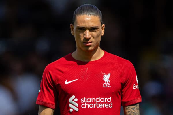 LONDON, ENGLAND - Saturday, August 6, 2022: Liverpool's Darwin Núñez during the FA Premier League match between Fulham FC and Liverpool FC at Craven Cottage. (Pic by David Rawcliffe/Propaganda)