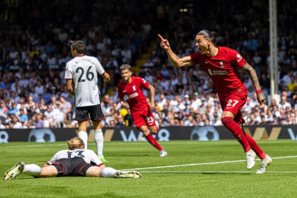 LONDON, ENGLAND - Saturday, August 6, 2022: Liverpool's Darwin Núñez celebrates after scoring his side's first goal to level the score 1-1 during the FA Premier League match between Fulham FC and Liverpool FC at Craven Cottage. (Pic by David Rawcliffe/Propaganda)