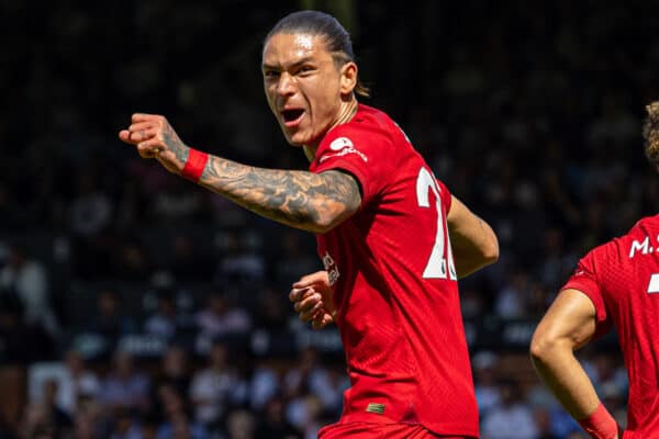 LONDON, ENGLAND - Saturday, August 6, 2022: Liverpool's Darwin Núñez celebrates after scoring his side's first goal to level the score 1-1 during the FA Premier League match between Fulham FC and Liverpool FC at Craven Cottage. (Pic by David Rawcliffe/Propaganda)