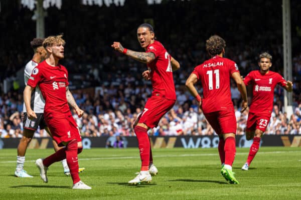 LONDON, ENGLAND - Saturday, August 6, 2022: Liverpool's Darwin Núñez celebrates after scoring his side's first goal to level the score 1-1 during the FA Premier League match between Fulham FC and Liverpool FC at Craven Cottage. (Pic by David Rawcliffe/Propaganda)