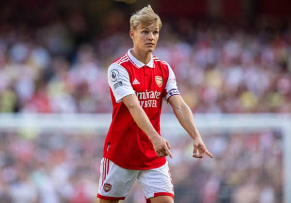 LONDON, ENGLAND - Saturday, August 13, 2022: Arsenal's Martin Ødegaard during the FA Premier League match between Arsenal FC and Leicester City FC at the Emirates Stadium. (Pic by David Rawcliffe/Propaganda)