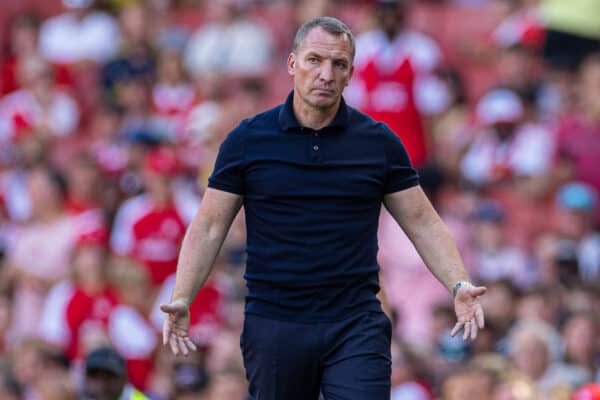 LONDON, ENGLAND - Saturday, August 13, 2022: Leicester City's manager Brendan Rodgers during the FA Premier League match between Arsenal FC and Leicester City FC at the Emirates Stadium. (Pic by David Rawcliffe/Propaganda)