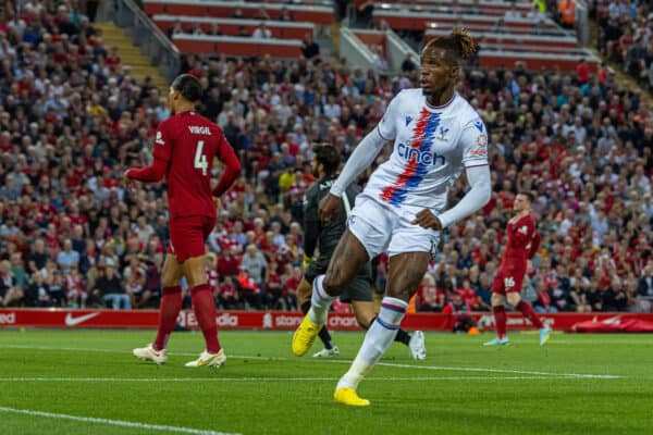 LIVERPOOL, ENGLAND - Monday, August 15, 2022: Crystal Palace's Wilfried Zaha celebrates after scoring the first goal during the FA Premier League match between Liverpool FC and Crystal Palace FC at Anfield. (Pic by David Rawcliffe/Propaganda)