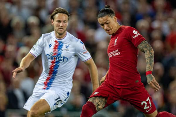 LIVERPOOL, INGLATERRA - Lunes, 15 de agosto de 2022: Darwin Núñez de Liverpool durante el partido de la FA Premier League entre Liverpool FC y Crystal Palace FC en Anfield.  (Foto de David Rawcliffe/Propaganda)