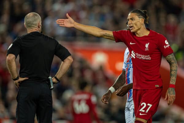 LIVERPOOL, ENGLAND - Monday, August 15, 2022: Liverpool's Darwin Núñez reacts after being shown a red card and sent off during the FA Premier League match between Liverpool FC and Crystal Palace FC at Anfield. (Pic by David Rawcliffe/Propaganda)