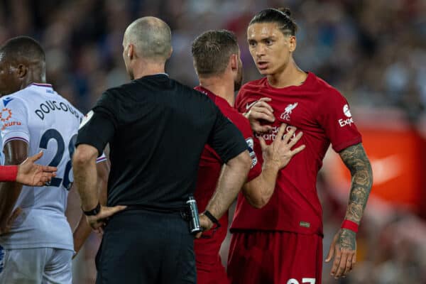 LIVERPOOL, ENGLAND - Monday, August 15, 2022: Liverpool's Darwin Núñez reacts after being shown a red card and sent off during the FA Premier League match between Liverpool FC and Crystal Palace FC at Anfield. (Pic by David Rawcliffe/Propaganda)