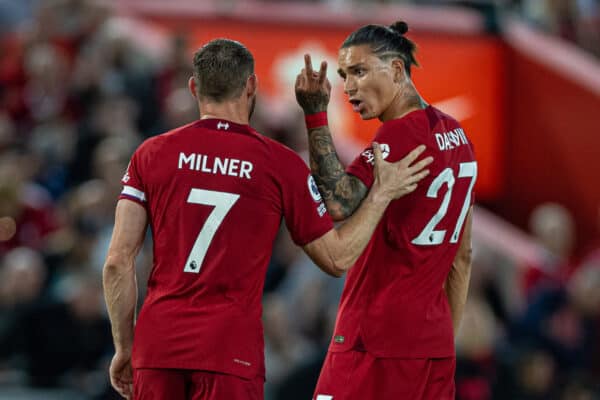 LIVERPOOL, ENGLAND - Monday, August 15, 2022: Liverpool's Darwin Núñez reacts after being shown a red card and sent off during the FA Premier League match between Liverpool FC and Crystal Palace FC at Anfield. (Pic by David Rawcliffe/Propaganda)