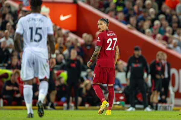 LIVERPOOL, ENGLAND - Monday, August 15, 2022: Liverpool's Darwin Núñez reacts after being shown a red card and sent off during the FA Premier League match between Liverpool FC and Crystal Palace FC at Anfield. (Pic by David Rawcliffe/Propaganda)