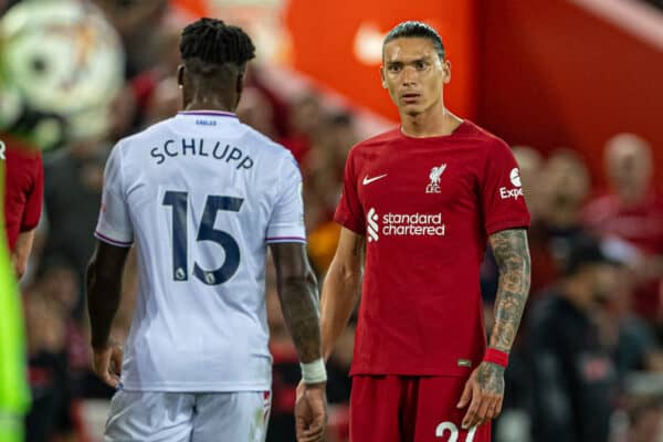 LIVERPOOL, ENGLAND - Monday, August 15, 2022: Liverpool's Darwin Núñez reacts after being shown a red card and sent off during the FA Premier League match between Liverpool FC and Crystal Palace FC at Anfield. (Pic by David Rawcliffe/Propaganda)