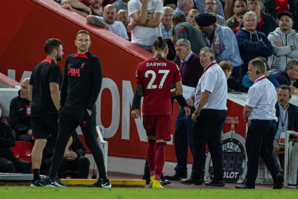 LIVERPOOL, ENGLAND - Monday, August 15, 2022: Liverpool's Darwin Núñez walks off after being shown a red card and sent off during the FA Premier League match between Liverpool FC and Crystal Palace FC at Anfield. (Pic by David Rawcliffe/Propaganda)