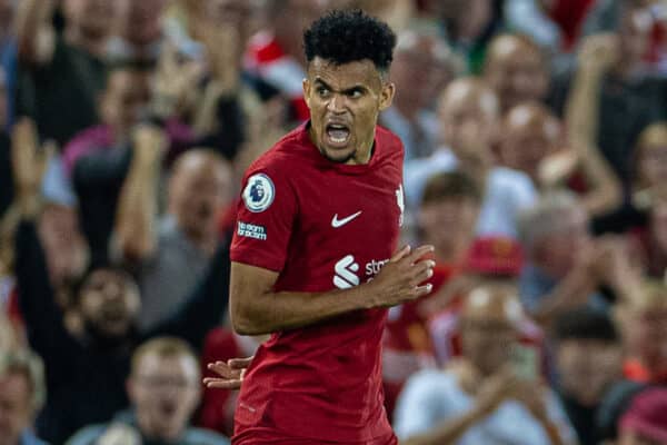 LIVERPOOL, ENGLAND - Monday, August 15, 2022: Liverpool's Luis Díaz celebrates after scoring his side's first equalising goal during the FA Premier League match between Liverpool FC and Crystal Palace FC at Anfield. (Pic by David Rawcliffe/Propaganda)