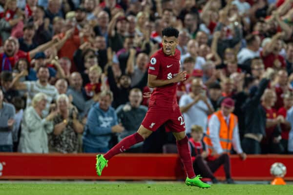 LIVERPOOL, ENGLAND - Monday, August 15, 2022: Liverpool's Luis Díaz celebrates after scoring his side's first equalising goal during the FA Premier League match between Liverpool FC and Crystal Palace FC at Anfield. (Pic by David Rawcliffe/Propaganda)