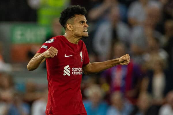 LIVERPOOL, ENGLAND - Monday, August 15, 2022: Liverpool's Luis Díaz celebrates after scoring his side's first equalising goal during the FA Premier League match between Liverpool FC and Crystal Palace FC at Anfield. (Pic by David Rawcliffe/Propaganda)