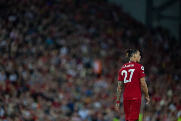 LIVERPOOL, ENGLAND - Monday, August 15, 2022: Liverpool's Darwin Núñez during the FA Premier League match between Liverpool FC and Crystal Palace FC at Anfield. (Pic by David Rawcliffe/Propaganda)