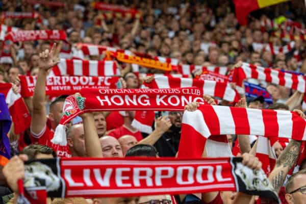 LIVERPOOL, ENGLAND - Monday, August 15, 2022: Liverpool supporters before the FA Premier League match between Liverpool FC and Crystal Palace FC at Anfield. Hong Kong. (Pic by David Rawcliffe/Propaganda)