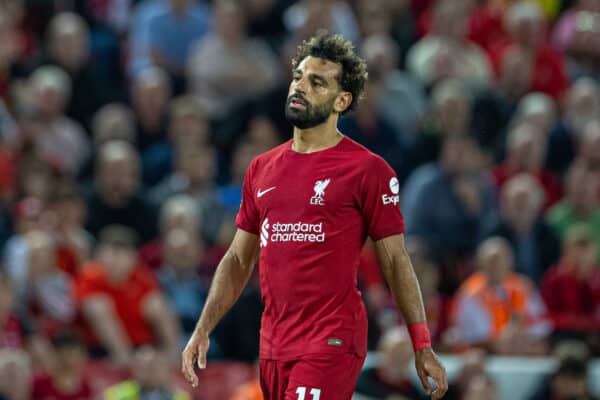 LIVERPOOL, ENGLAND - Monday, August 15, 2022: Liverpool's Mohamed Salah during the FA Premier League match between Liverpool FC and Crystal Palace FC at Anfield. (Pic by David Rawcliffe/Propaganda)