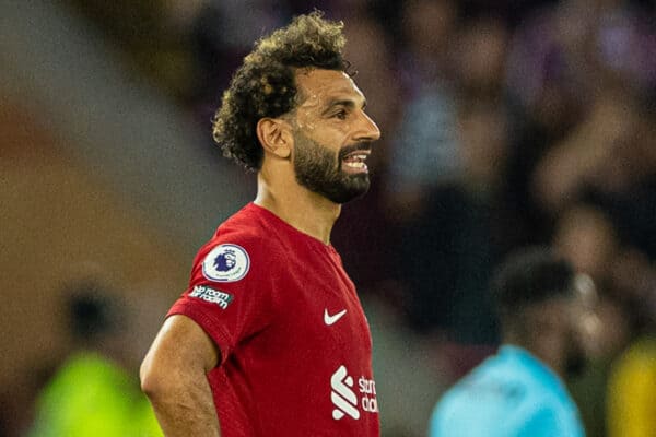 LIVERPOOL, ENGLAND - Monday, August 15, 2022: Liverpool's Mohamed Salah looks dejected after during the FA Premier League match between Liverpool FC and Crystal Palace FC at Anfield. (Pic by David Rawcliffe/Propaganda)