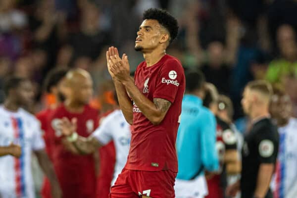 LIVERPOOL, ENGLAND - Monday, August 15, 2022: Liverpool's Luis Díaz applauds the supporters after the FA Premier League match between Liverpool FC and Crystal Palace FC at Anfield. (Pic by David Rawcliffe/Propaganda)