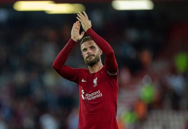 LIVERPOOL, ENGLAND - Monday, August 15, 2022: Liverpool's captain Jordan Henderson applauds the supporters after the FA Premier League match between Liverpool FC and Crystal Palace FC at Anfield. (Pic by David Rawcliffe/Propaganda)