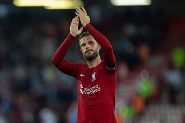 LIVERPOOL, ENGLAND - Monday, August 15, 2022: Liverpool's captain Jordan Henderson applauds the supporters after the FA Premier League match between Liverpool FC and Crystal Palace FC at Anfield. (Pic by David Rawcliffe/Propaganda)