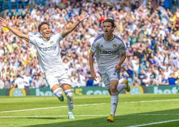 LEEDS, ENGLAND - Sunday, August 21, 2022: Leeds United's Brenden Aaronson celebrates after scoring the first goal during the FA Premier League match between Leeds United FC and Chelsea FC at Elland Road. (Pic by David Rawcliffe/Propaganda)