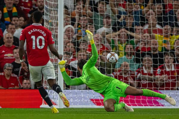 MANCHESTER, ENGLAND - Monday, August 22, 2022: Manchester United's Marcus Rashford scores the second goal past Liverpool's goalkeeper Alisson Becker during the FA Premier League match between Manchester United FC and Liverpool FC at Old Trafford. (Pic by David Rawcliffe/Propaganda)