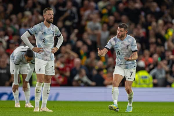 MANCHESTER, ENGLAND - Monday, August 22, 2022: Liverpool's captain Jordan Henderson (L) amd James Milner (R) look dejected as Manchester United score the second goal during the FA Premier League match between Manchester United FC and Liverpool FC at Old Trafford. (Pic by David Rawcliffe/Propaganda)