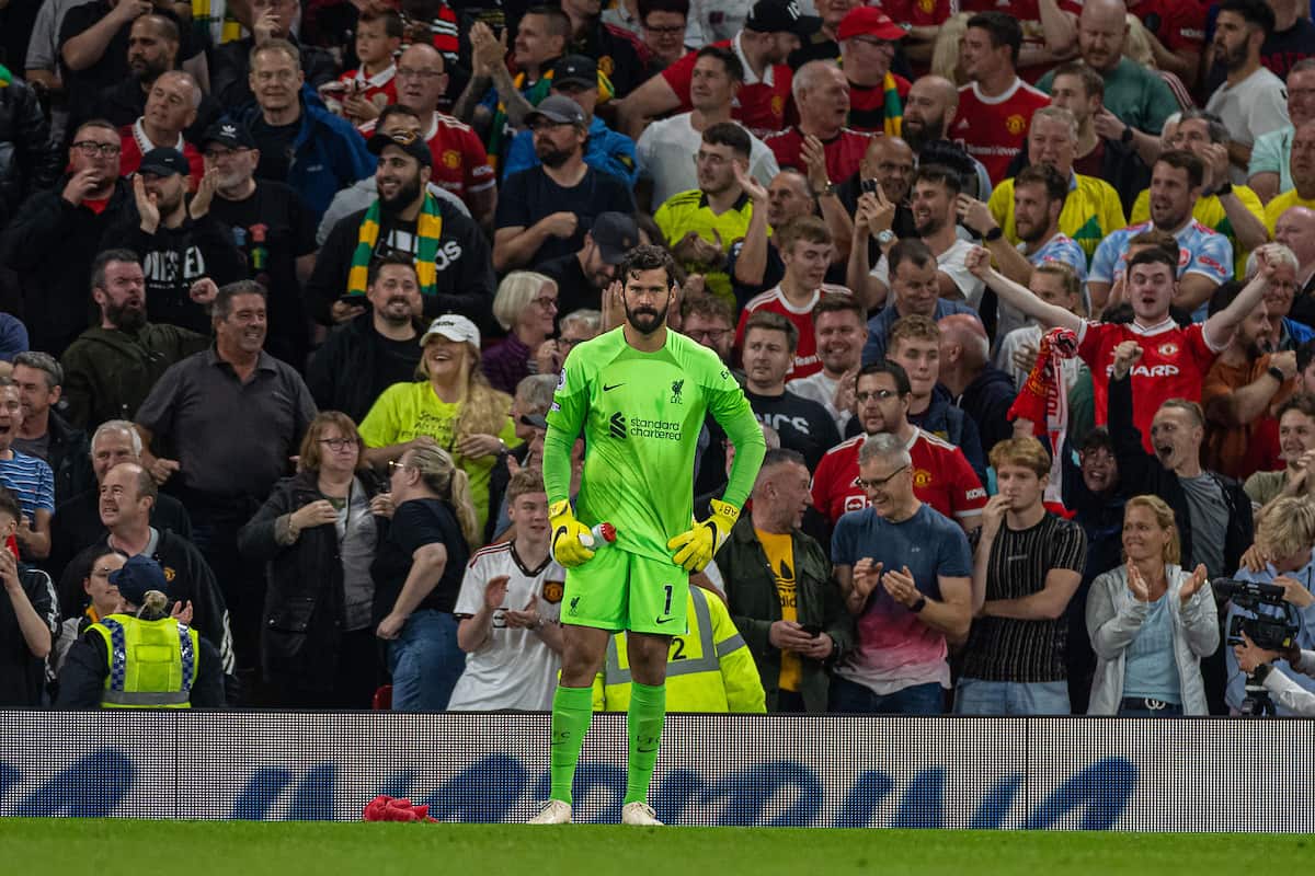 MANCHESTER, ENGLAND - Monday, August 22, 2022: Liverpool's goalkeeper Alisson Becker looks dejected as Manchester United score the second goal during the FA Premier League match between Manchester United FC and Liverpool FC at Old Trafford. (Pic by David Rawcliffe/Propaganda)