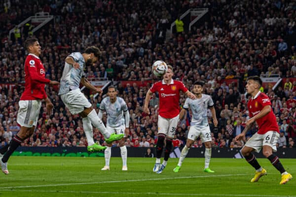 MANCHESTER, ENGLAND - Monday, August 22, 2022: Liverpool's Mohamed Salah scores his side's first goal with a header during the FA Premier League match between Manchester United FC and Liverpool FC at Old Trafford. (Pic by David Rawcliffe/Propaganda)