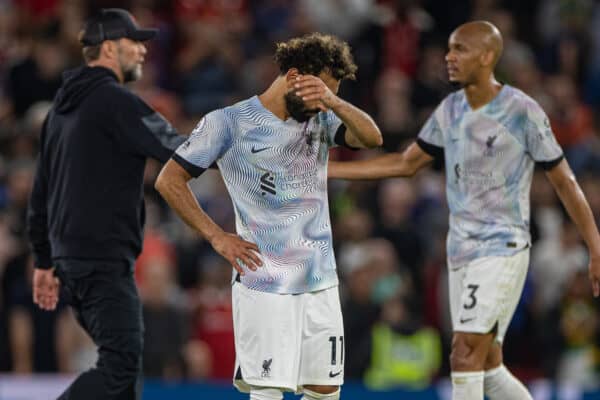 MANCHESTER, ENGLAND - Monday, August 22, 2022: Liverpool's Mohamed Salah looks dejected after the FA Premier League match between Manchester United FC and Liverpool FC at Old Trafford. Manchester United won 2-1. (Pic by David Rawcliffe/Propaganda)