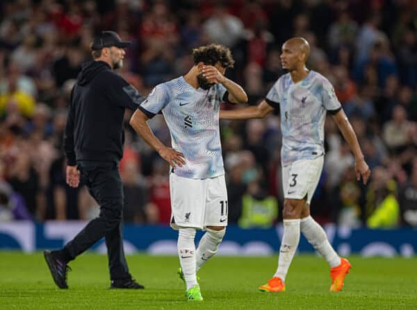 MANCHESTER, ENGLAND - Monday, August 22, 2022: Liverpool's Mohamed Salah looks dejected after the FA Premier League match between Manchester United FC and Liverpool FC at Old Trafford. Manchester United won 2-1. (Pic by David Rawcliffe/Propaganda)