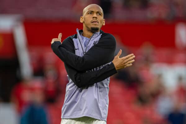 MANCHESTER, ENGLAND - Monday, August 22, 2022: Liverpool's Fabio Henrique Tavares 'Fabinho' during the pre-match warm-up before the FA Premier League match between Manchester United FC and Liverpool FC at Old Trafford. (Pic by David Rawcliffe/Propaganda)