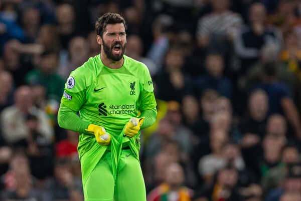 MANCHESTER, ENGLAND - Monday, August 22, 2022: Liverpool's goalkeeper Alisson Becker reacts during the FA Premier League match between Manchester United FC and Liverpool FC at Old Trafford. (Pic by David Rawcliffe/Propaganda)