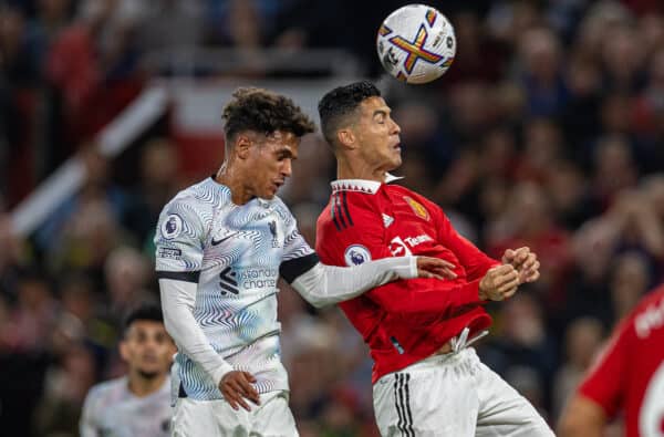 MANCHESTER, ENGLAND - Monday, August 22, 2022: Liverpool's Fabio Carvalho (L) challenges for a header with Manchester United's Cristiano Ronaldo during the FA Premier League match between Manchester United FC and Liverpool FC at Old Trafford. (Pic by David Rawcliffe/Propaganda)