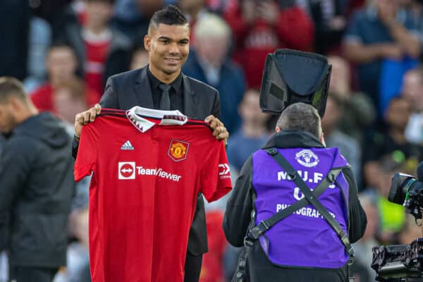 MANCHESTER, ENGLAND - Monday, August 22, 2022: Manchester United's new signing Carlos Casimero is presented to the crowd before the FA Premier League match between Manchester United FC and Liverpool FC at Old Trafford. (Pic by David Rawcliffe/Propaganda)