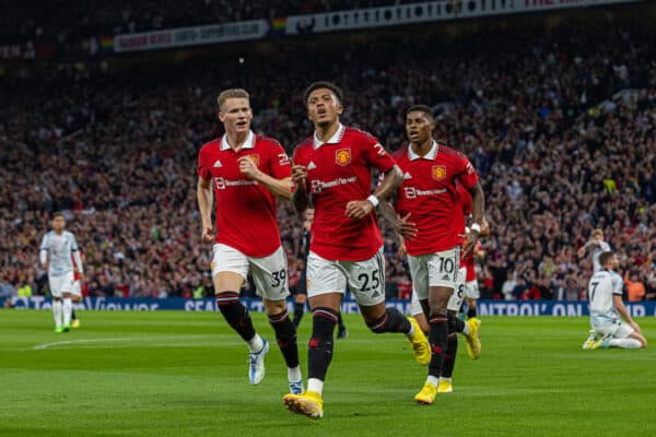 MANCHESTER, ENGLAND - Monday, August 22, 2022: Manchester United's Jadon Sancho celebrates after scoring the first goal during the FA Premier League match between Manchester United FC and Liverpool FC at Old Trafford. (Pic by David Rawcliffe/Propaganda)