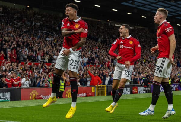 MANCHESTER, ENGLAND - Monday, August 22, 2022: Manchester United's Jadon Sancho celebrates after scoring the first goal during the FA Premier League match between Manchester United FC and Liverpool FC at Old Trafford. (Pic by David Rawcliffe/Propaganda)