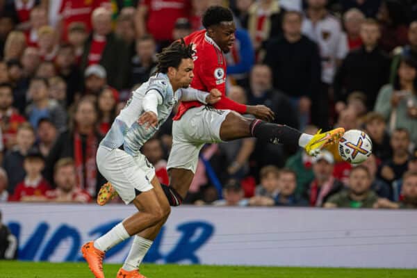 MANCHESTER, ENGLAND - Monday, August 22, 2022: Manchester United's Anthony Elanga t' is challenged by Liverpool's Trent Alexander-Arnold during the FA Premier League match between Manchester United FC and Liverpool FC at Old Trafford. (Pic by David Rawcliffe/Propaganda)