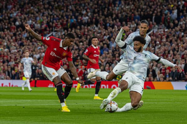 MANCHESTER, ENGLAND - Monday, August 22, 2022: Liverpool's Joe Gomez (R) blocks a shot from Manchester United's Marcus Rashford during the FA Premier League match between Manchester United FC and Liverpool FC at Old Trafford. (Pic by David Rawcliffe/Propaganda)