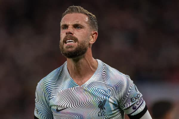 MANCHESTER, ENGLAND - Monday, August 22, 2022: Liverpool's captain Jordan Henderson reacts during the FA Premier League match between Manchester United FC and Liverpool FC at Old Trafford. (Pic by David Rawcliffe/Propaganda)