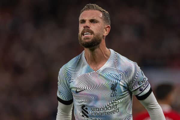 MANCHESTER, ENGLAND - Monday, August 22, 2022: Liverpool's captain Jordan Henderson reacts during the FA Premier League match between Manchester United FC and Liverpool FC at Old Trafford. (Pic by David Rawcliffe/Propaganda)